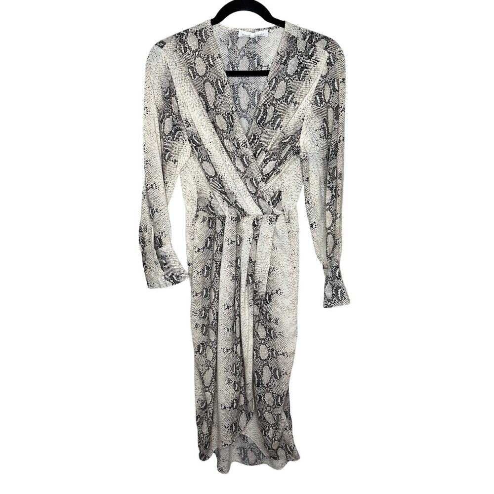 White Closet Snake Animal Print Midi Dress Large L Surplice Neck Cream Black